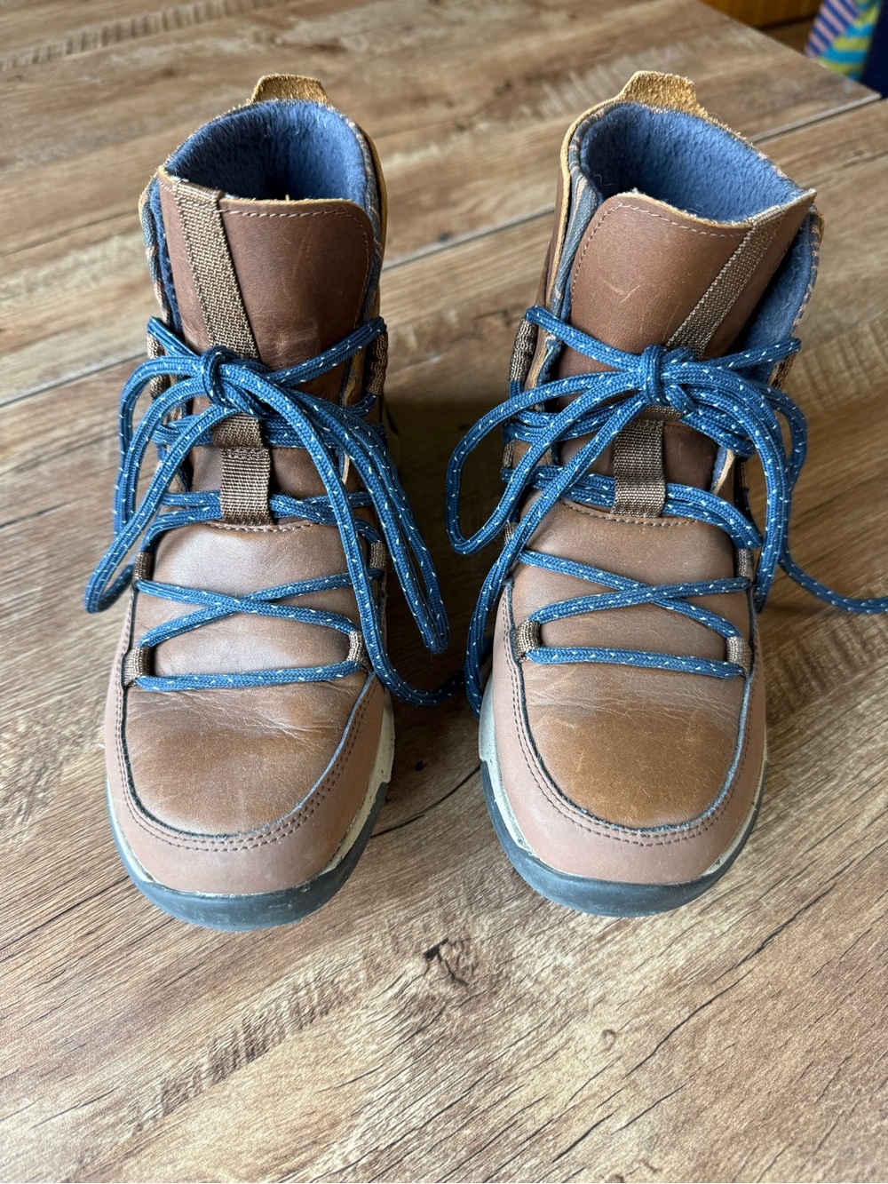 Chaco Brown Leather women’s Boots with Blue Laces